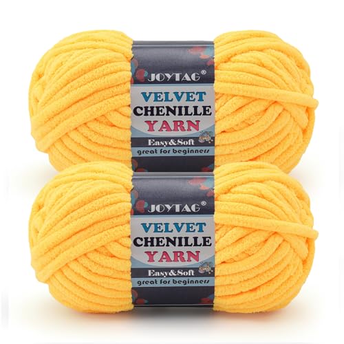 2 Pack Chunky Chenille Yarn for Crocheting and Knitting Beginners,Thick Bulky Plush Fluffy Velvet Soft Baby Blanket Crochet Chenille Yarn for Crocheting Blankets/Amigurumi/DIY Crafts(Golden Yellow - color: Golden Yellow