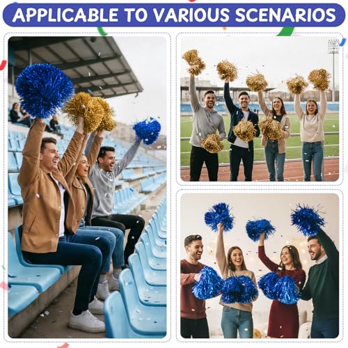 16/60/100PCS Pom Poms Cheerleading Metallic Foil Cheer Pom Poms with Plastic Handles, Cheerleader Pom Poms for Cheering Squad Team Spirited Sports Game Dance Party - color: gold and blue