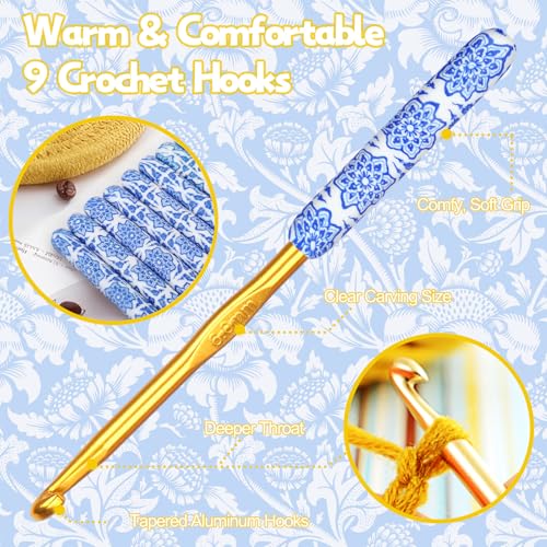 Coopay Warm Crochet Hooks, Ergonomic Crochet Hook Set Soft Grip- Light Blue | 2.0mm-6.0mm Light Blue & White Porcelain Art Handle, Comfort Grip Needles Set for Beginners, Smooth Crochet Needles Set Gift - color: Light Blue & White Porcelain