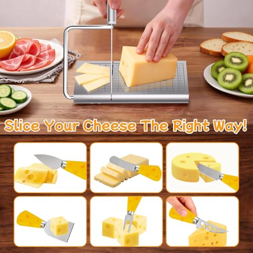 Cheese Slicer Board, Stainless Steel with Blade for Block Cheese | With measuring grids and 6 bonus cheese knives. Cuts butter, sausages, bread and vegetables. Dishwasher safe.