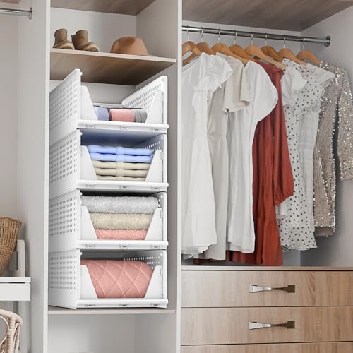 Sorbus Stackable Closet Organizer, Open-Front Shelf Bins (4 Medium) | Plastic shelves and baskets for clothes in pantries, bathrooms, kitchens, garages, cabinets and countertops. - size: 4 Medium