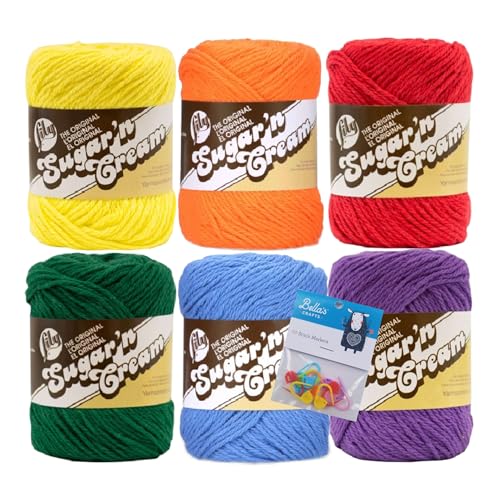 Lily Sugar'n Cream 100% Cotton Yarn 6-Pack Bundle with Bella's Crafts Stitch Markers (Rainbow) - color: Rainbow