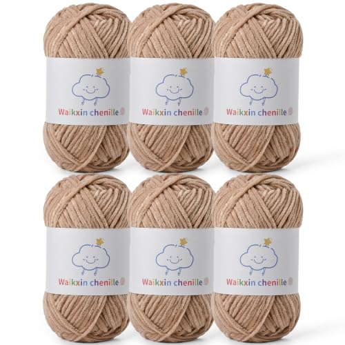 6 Pack of Skinny Chenille Yarn for Crocheting, Amigurumi Yarn&Baby Yarn for Crocheting Soft,10.58oz/656yds Fluffy Fingering Weight Velvet Yarn for DIY Crafts&Baby Blankets.(6 Light Coffee) - color: 6 Light Coffee