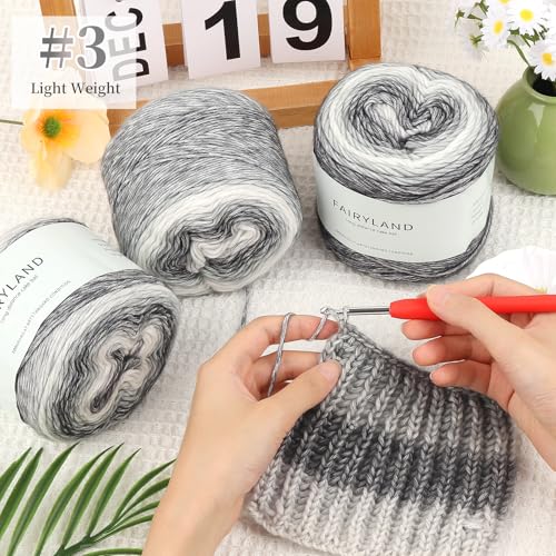 Aeelike Cake Yarn for Crocheting, Soft Ombre Crochet Yarn, Ink Gradient | 3 PCS #3 Light weight 100g(3.52oz) 245m( 267yards), 60% Cotton Blend Gradient Yarn for Blanket Scarves DIY Crafts, Ideal Gift - color: Grey White Gradient, size: 3 pcs