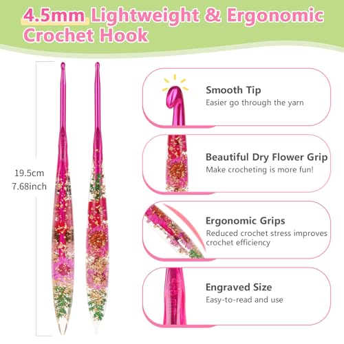 Katech 4.5mm Crochet Hook for Arthritic Hands, Long Aluminum Inline Hooks | Ergonomic Crochet Hooks with Dried Floral Grip-Elegant & Unique, Smooth Crochet Needle-Crochet Gift for Beginner&Crocheter - size: 4.5mm