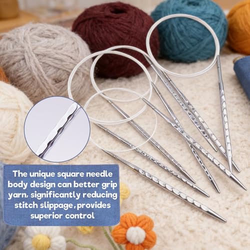 BsHooker Interchangeable Square Knitting Needles Set with Case 3.5mm-8mm | 8 Pairs Circular Aluminum Knitting Needles,4 Cables,Ergonomic Needles Kit