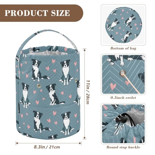 Fustylead Cute Border Collie Dog and Pink Hearts Crochet Drawstring Organizer, Large Yarn Bag Storage Tote Basket for Crocheting On The Go, Kit Holder, Gift for Knitter, Crochet Beginner - color: Blue10 Border Collie Dog