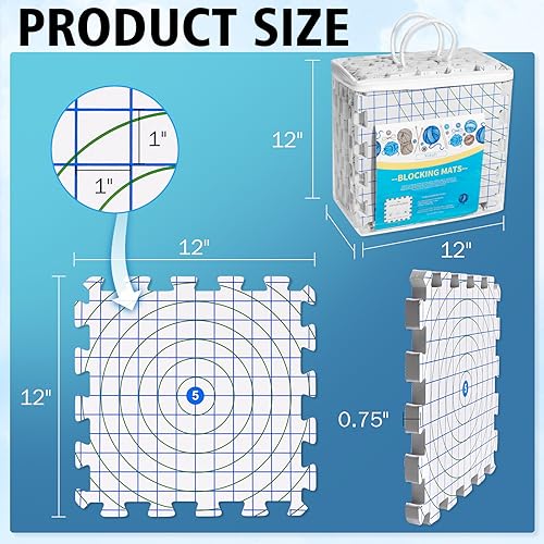 9 Packs Blocking Mats for Knitting with 20 Blocking Comb Pins,100 T-Pins | Extra Thick Knitting Blocking Mats with Grid Radial Lines,Crochet Blocking Board for Needlepoint or Crochet with Storage Bag - color: White Inch with Circle