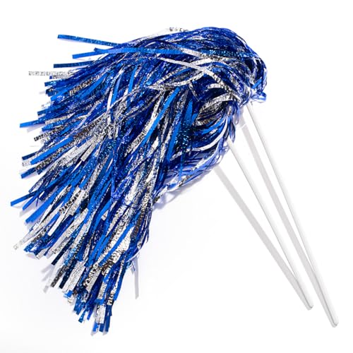 Metallic Blue & Silver Foil Textured Cheerleader Pom Poms- Pack of 10 | Anderson's Metallic Pom Pom School Spirit Shakers, Football, Basketball, Homecoming, Team Party, Performance, Fan Celebration - color: Blue & Silver Foil