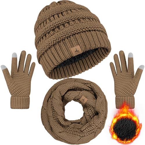 LOROME Winter Beanie Hat Scarf Gloves, Warm Fleece Knit Neck Scarf Set Gift | Hats Gloves Scarf Set, Touchscreen Gloves, Universal Size Neck Scarf Set Winter Gifts for Unisex Adult Winter Wear - color: Khaki