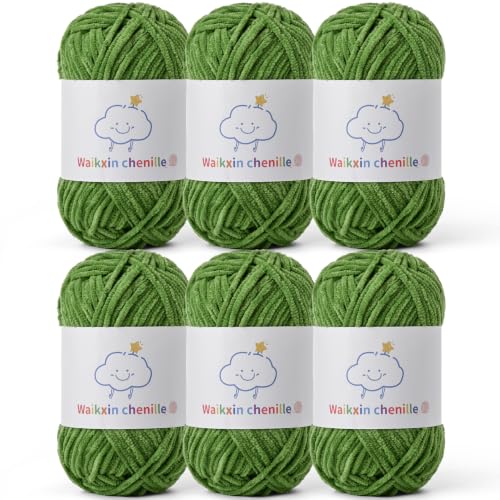 6 Pack of Skinny Chenille Yarn for Crocheting, Amigurumi Yarn&Baby Yarn for Crocheting Soft,10.58oz/656yds Fluffy Fingering Weight Velvet Yarn for DIY Crafts&Baby Blankets.(6 Army Green) - color: 6 Army Green
