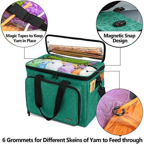 Teamoy Knitting Bag, Yarn Storage Organizer Crochet Bag Tote, Green | Yarn Holder with Inner Divider(Sewn to Bottom) for Crochet Hook, Knitting Needles(Up to 14"), Project and Crocheting Supplies - color: Green
