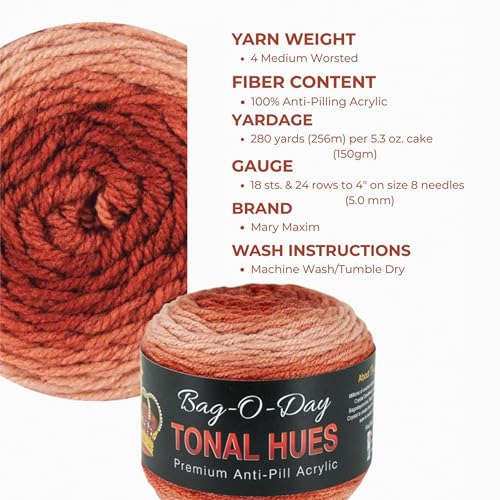 Mary Maxim Bag-O-Day Tonal Hues Ombre Yarn for Crocheting and Knitting, Medium Worsted Weight Anti-Pilling Acrylic Yarn Cake - 280 Yards, 5.3 OZ, Burnin' Through The Sky - color: Burnin' Through The Sky