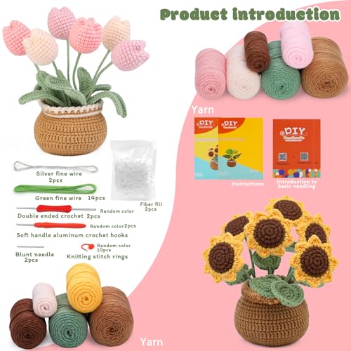Crochet Kit, Tulip and Sunflower Crochet Kit for Beginners, Knitting Kit | Beginner Crochet Kit, Crochet Flower Kit with Step-By-Step Video Tutorials, Beginner Crochet Kit for Adults - color: Sunflower&Tulip