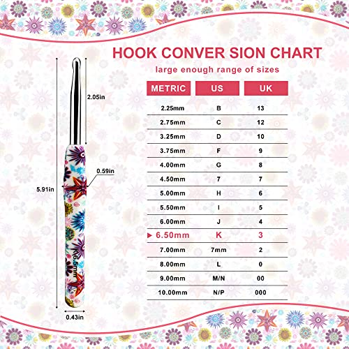 6.5mm Crochet Hook Size K Ergonomic Soft Grip for Arthritic Hands Yarn | Comfortable rubber grip non-slip, smooth polished aluminum, lace to chunky yarn projects, beginners seniors pros - size: 6.5mm