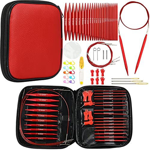 57 PCS Interchangeable Circular Knitting Needles Set, Aluminum Knitting Needles 3.0mm–10.0mm with 4 Cables, Ergonomic Handles & Storage Case, Complete Knitting Kit for Beginners & Advanced Projects - color: New Red