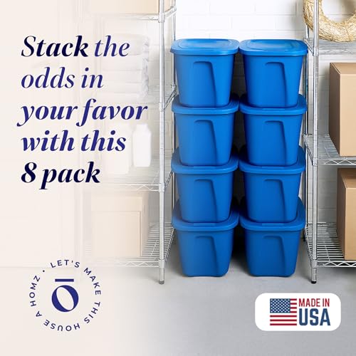 HOMZ 8-Pack Durable Molded Bin, Plastic Storage Containers w/Lids, 10 Gallon, Blue - Stackable Organizer Totes and Boxes for Bedroom, Kitchen, and Garage Organization - color: Blue, size: 32 Gallon (8 Pack)