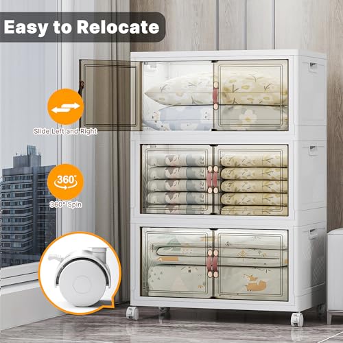 UAMFURI Stackable Storage Bins, 525QT Collapsible Drawers with 1 Lid | Large Capacity, Magnetic Door, Stack Lock, Rolling Wheels, Foldable Design, Organizers and Storage for Bedroom Dorm Garage - color: White-175QT, size: 3Pack with 1 top lid