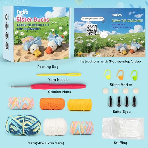 Totiro Crochet Kit for Beginners, Ducks Amigurumi Starter Kit, Easy DIY Craft Set with Step-by-Step Video Tutorials, 2 Pack Animal Crochet Pattern Learning Kit for Teens Adults Birthday Gift - color: Sister Ducks
