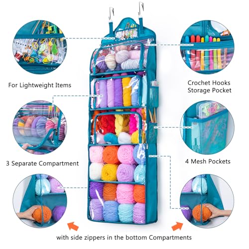 MYBAGZING Hanging Yarn Storage Organizer –Over-the-Door Crochet Organizer with Both Front and Side Zipper Closure -Large Capacity Clear Yarn Holder for Crochet Hooks, Knitting Needles & Accessories - color: Teal