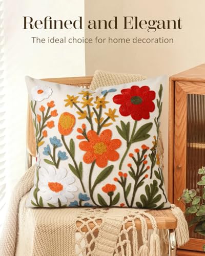 Embroidered Throw Pillow Cover 18x18 Inch, Flower Cluster | Decorative Pillow Cover, Floral Farmhouse Cushion Case with Hidden Zipper, Home Decor for Couch, Sofa, Living Room, Bedroom - color: Flower Cluster, size: 18" x 18" (Pack of 1)