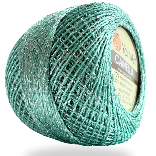 Yarnart Camellia Metallic Shimmer Fine Yarn - 70% Polyester, 30% Metallic, 192m, 20g, Crochet Thread, Lace, Embroidery, Jewelry Making, and Decorative Craft, 1.25mm Hook (Cottage Green, 20g Skein) - color: Cottage Green, size: 20g Skein