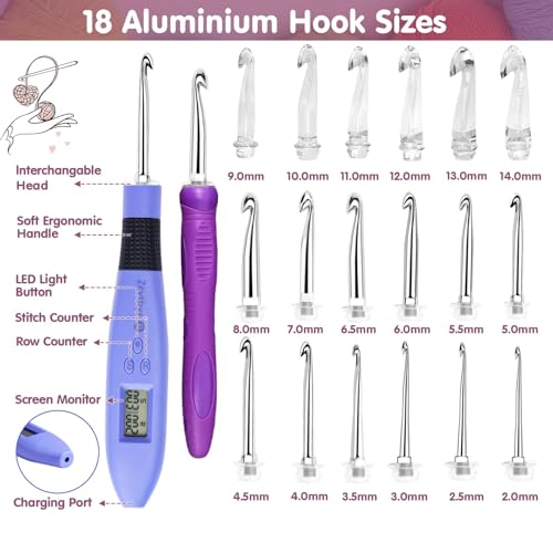 BZVV Light Up Crochet Hook Set Everything Crochet Counter 18 Different Size | Digital stitch counting, lighted ergonomic dual handles, reinforced connection and complete everything crochet tools. - color: blue-18 Sizes