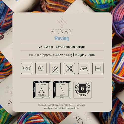 Sensy Roving Multi Color Yarn, 3.5 oz, 132 Yards, Gauge 5 Bulky (Carnaval) - color: Carnaval, size: 1 Skein