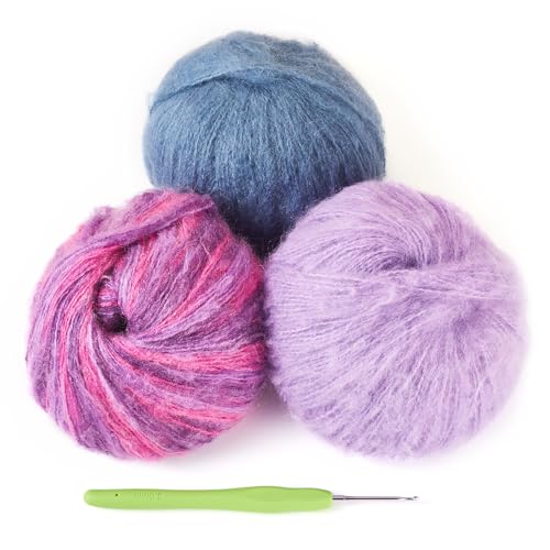 3 Balls Mohair Yarn for Crocheting Knitting Purple Wool Yarn Soft Fuzzy Mohair Knitting Yarns for Crochet DIY Garments Scarf Sweater Clothes Craft Projects - color: Purple