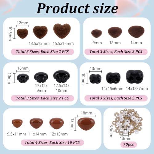 PH Pandahall 64pcs 5 Styles Safety Noses for Crochet Animals, 10~18mm Black/Brown Crochet Noses Plastic Nose with Washers for Amigurumi Stuffed Animals Craft Puppet Bear Teddy Bear Dog Plush Animal
