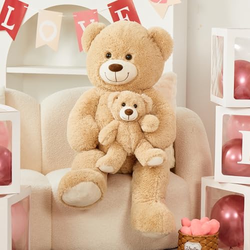 Tezituor Big Teddy Bear with Baby, 39 inch Large Mommy Teddy Bear with Baby, Giant Stuffed Bear for Kids, Girlfriend on Mother's Day, Valentine, Christmas, Baby Shower, Light Brown - color: Light Brown
