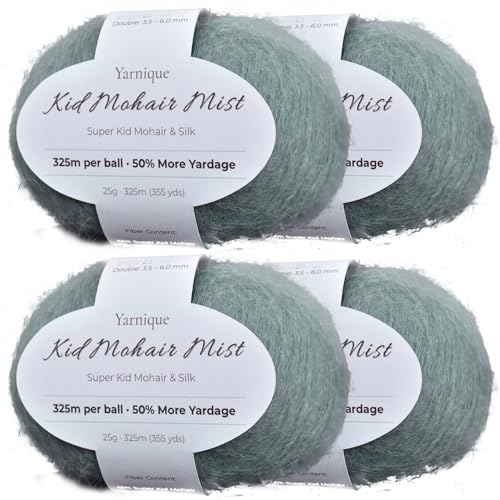 Kid-Silk Mohair Yarn, Lace Weight, 4 Balls 100g, 1420 yds | Yarnique 61% Super Kid Mohair & 20% Silk | Airy Halo | Soft Glow（28 Sage Green） - color: 28 Sage Green