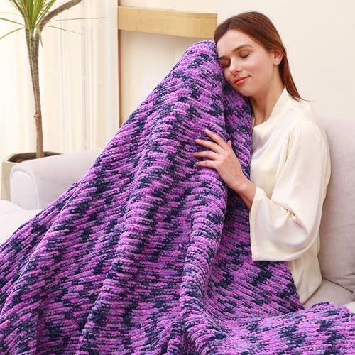 #6 Super Bulky Blanket Yarn for Crocheting - 4 Skeins(Each 10.5oz/300g, 220yds/201m), Chunky Chenille Thick Plush Big Soft Yarn for Crocheting Knitting Blankets, Multi Purple - color: Tie Dye Multi Purple