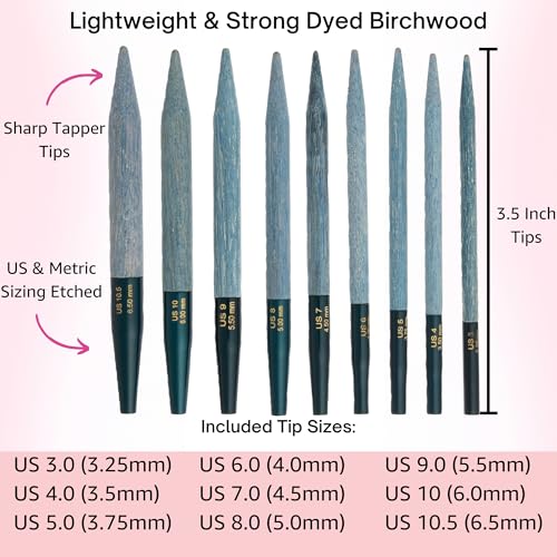 Lykke Indigo 3.5-inch Interchangeable Circular Knitting Needle Set | Standard US 3, 4, 5, 6, 7, 8, 9, 10, 10.5 Azure Case, Birchwood Semi-Sharp Tips, Smooth Joins, Swivel Cables, Project Bag - color: Indigo-with-Azure-Case