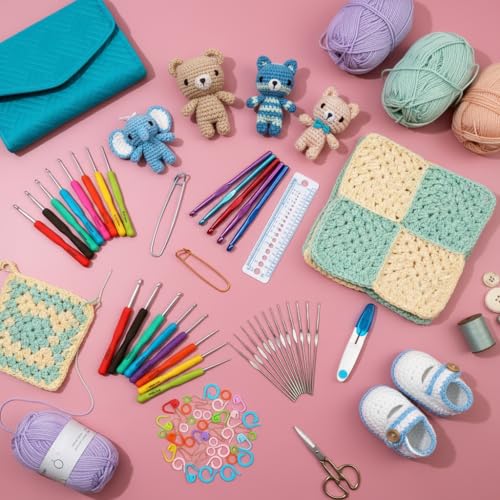 Blingcute Ergonomic Crochet Hook Set with Case, 82 PCS Crochet Starter Kit (0.6–10mm), Aluminum Hooks with Soft Grip, Complete Crochet Set for Beginners & Chunky Yarn - color: Lake blue