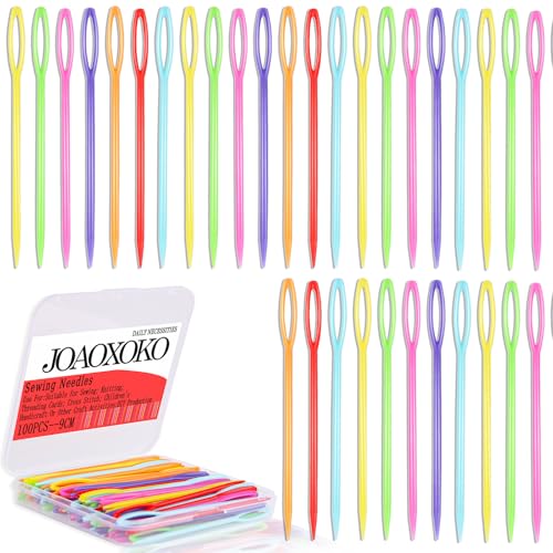 joaoxoko Big Eye Yarn Needles, 100 Count 9cm/3.54inch Plastic Darning Needles for Hand Sewing,Weaving – Lightweight, Non-Rust, Vibrant Colors with Storage Box, Ideal for Beginners and Kids (100)