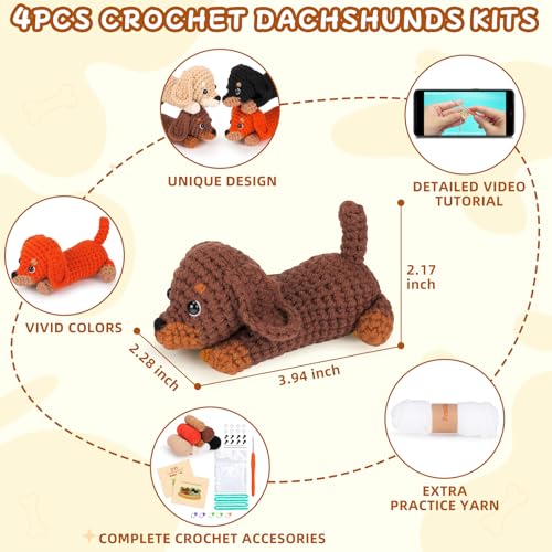 Crochet Kit for Beginners Adults, 4 PCS Dachshund Puppy Crochet Kits | w/ Step-by-Step Video Tutorials, Beginner Crochet Kit for Adults, Crochet Animal Kit, Creative Crochet Gift for Dog Lovers - color: dachshund puppy