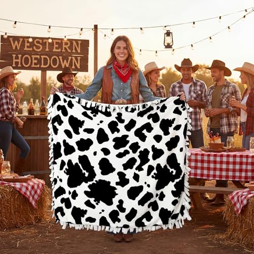Chumia 2 Pcs/1 Set Cow Print Tie Blankets Craft Kit 57 x 57 Inch Western Themed DIY No Sew Fleece Blanket Black and White No Sew Fabric Cowboy Cowgirl Tie Knot Throw Craft Gift for Cow Birthday Party - style: Cow Print