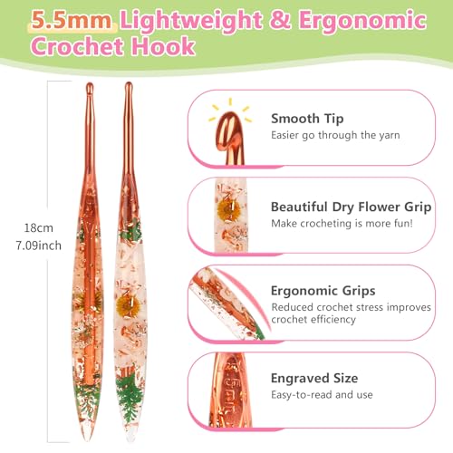 Katech 5.5mm Crochet Hook for Arthritic Hands, Long Aluminum Inline Hooks | Ergonomic Crochet Hooks with Dried Floral Grip-Elegant & Unique, Smooth Crochet Needle-Crochet Gift for Beginner&Crocheter - size: 5.5mm