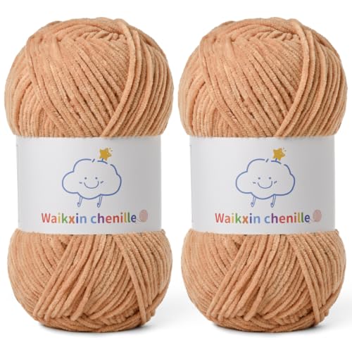 Skinny Chenille Yarn for Crocheting,Baby Yarn for Crocheting Soft,2 Pack 3.5 oz/218.7 yds Fingering Weight Velvet Yarn,Fluffy Amigurumi Yarn for Baby Blankets/Clothes&Crafts(2 Khaki) - color: [2 Khaki]