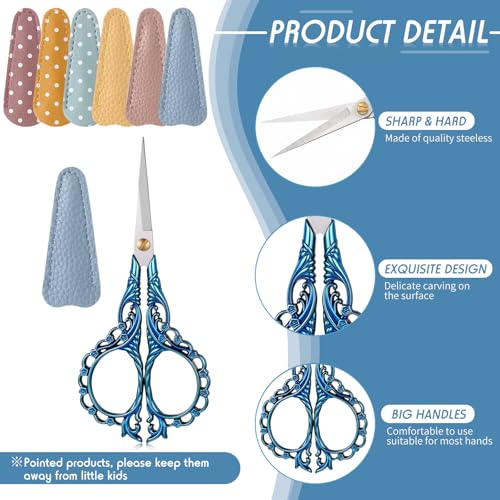Honoson 6 Pcs Small Embroidery Scissors, 3.6", Mixed, Vibrant Colors | Sewing Scissors with Leather Cover, Sharp Tip for Needlework Cross Stitch Crochet Knitting Craft, Stainless Steel Stork Shear - color: Vibrant Colors