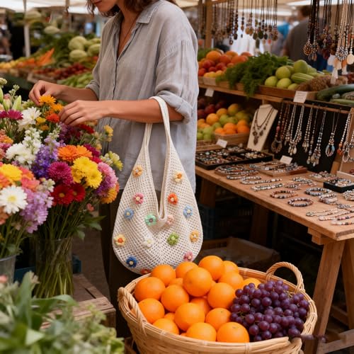 Boho Crochet Beach Bag with Cute Flower, Preppy Knit Tote Bag for Women Girls Summer Vacation Travel - color: Style B-green