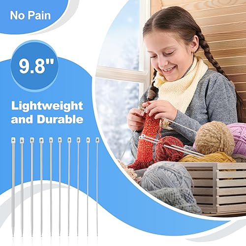 Katech Knitting Needles Set for Beginners, Complete Full Size Knit Needle | 9 Pairs Circular Knitting Needles Set and 22 Pcs Single Pointed Knitting Needle Set with Tote Bag Knitting Accessories - size: 9.8 inch（Single Pointed）