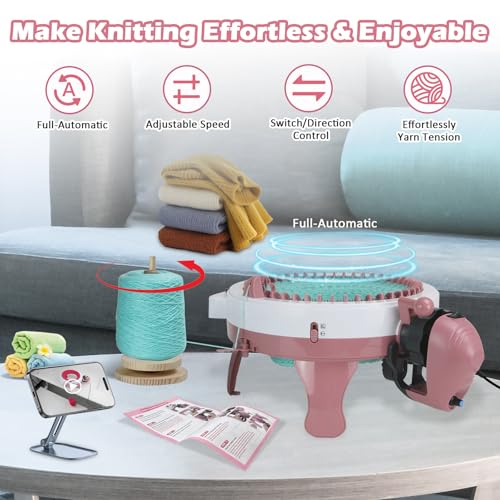 Knitting Machine Adapter with Yarn Holder, Electric Knitting Machines Adapter for Sentro Knitting Machine 40 & 48 Needle, Speed Control & Reverse Knitting (Pink+Yarn Holder)