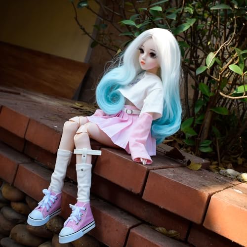 1/3 BJD Doll, 22 Movable Joints Full Set Doll with Long Curly White-Blue Gradient Hair, Pink Outfit & Shoes, Collectible Fashion Ball Jointed Doll for Girls Gift