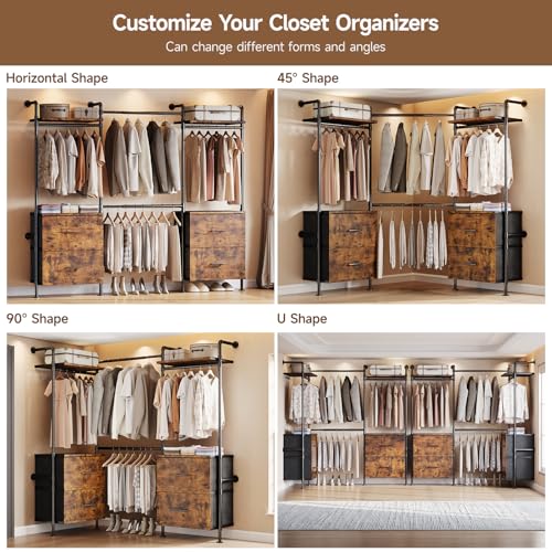 ONBRILL T4 Wall Mounted Closet System with 4 Large Drawers & 4 Hanging Rods | Adjustable from 4'4'' to 5'9'', Industrial Pipe Clothing Rack with 8 Wood Shelves, Heavy Duty Closet Organizers, Rustic Brown - color: Rustic Brown