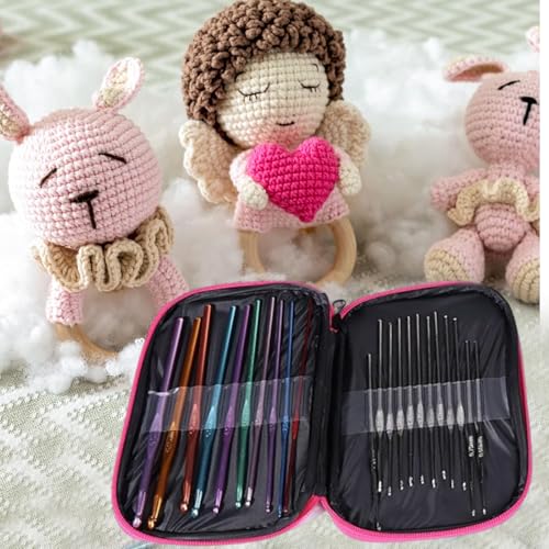 23 PCS Crochet Hooks Set Ergonomic Aluminum Handles Steel Tips Yarn Needles Crochet Accessories with Storage Case(Pink) - color: Pink