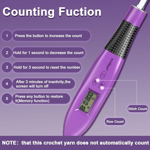 Light Up Crochet Hook Set with Digital Counter, 18 Size Interchangeable Ergonomic Crochet Hooks (2.0–14.0mm), USB Rechargeable Lighted Crochet Hook Kit with Case for Arthritic Hands & Beginners - size: 18 Crochet Hook - Purple