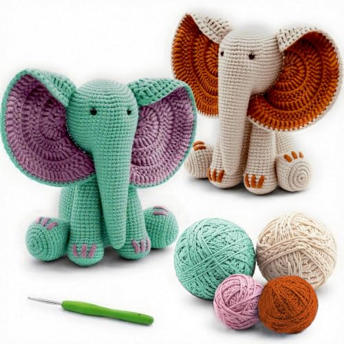 JYZJDKE Crochet Kit for Beginners Adults - DIY Amigurumi Elephant Knitting Starter Kit with Yarn Sets, Crochet Animal Kit Cute Stuffed Animal Craft Birthday Gifts (Beige White+Tiffany Green Elephant) - color: Beige White/Terracotta+Tiffany Green/Pink Elep