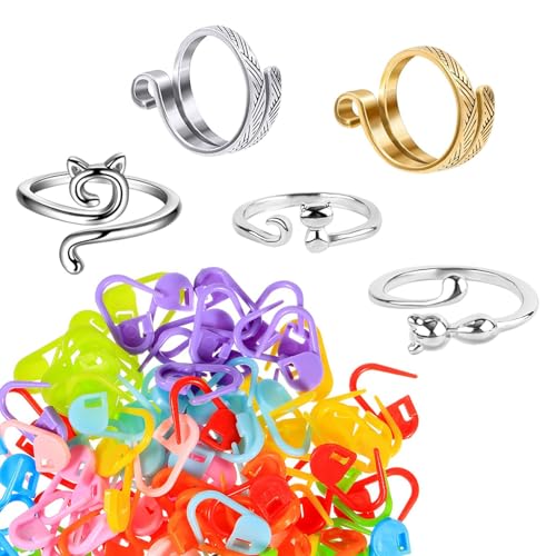 Ubuymart Crochet Ring 5 Pack Knitting Crochet Ring for Finger, with 50pcs(Color Ship Randomly) Knitting Crochet Locking Stitch Markers, Adjustable Crochet Stuff Ring Crochet Accessories- Multicolor - color: Multi-color, size: 5PCS